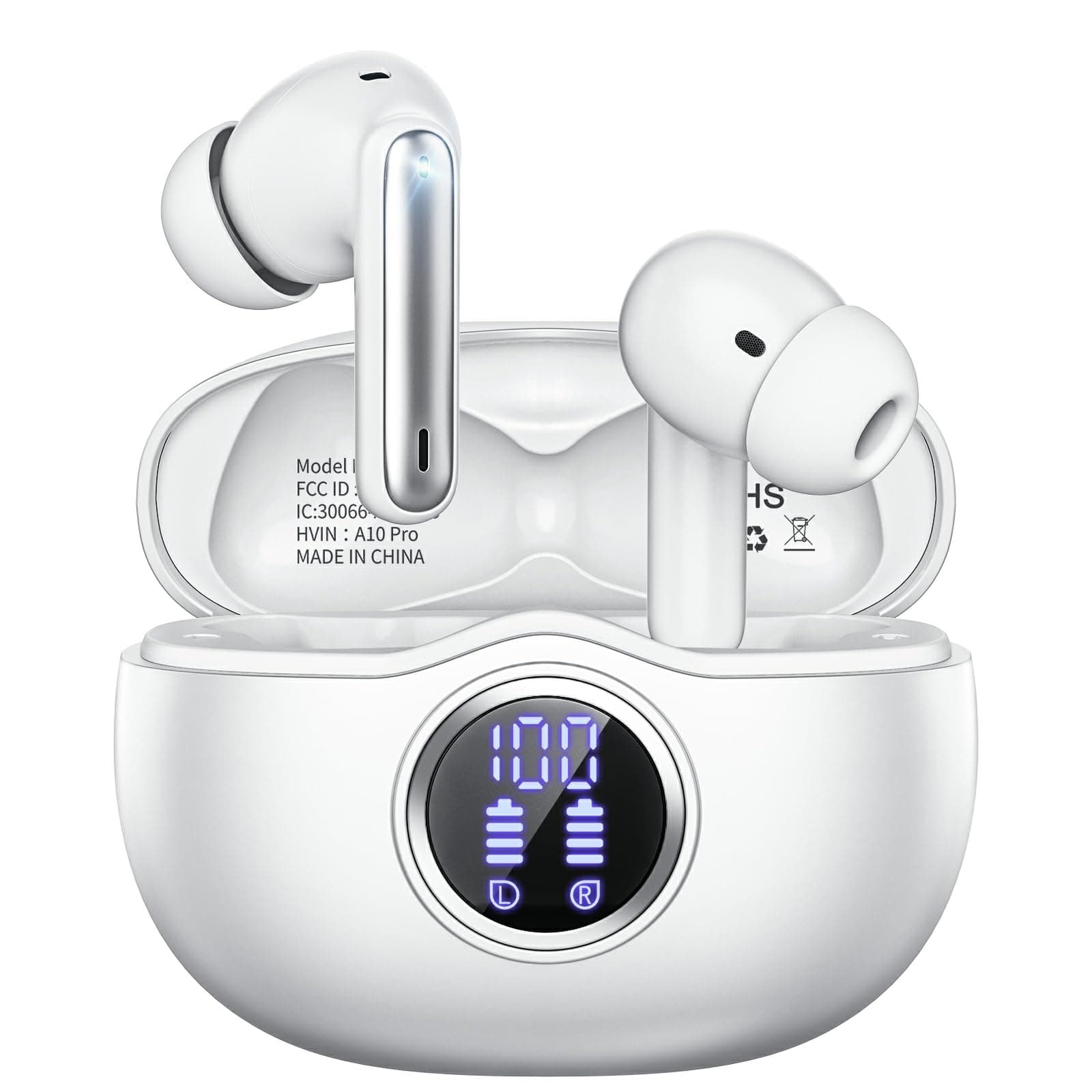 Wireless Earbuds, Bluetooth 5.3 Headphones HiFi Stereo 50H Playback LED Digital Display Ear Buds with ENC Noise Canceling Headset, IPX7 Waterproof Earphones for Gym/Running/Work(White)