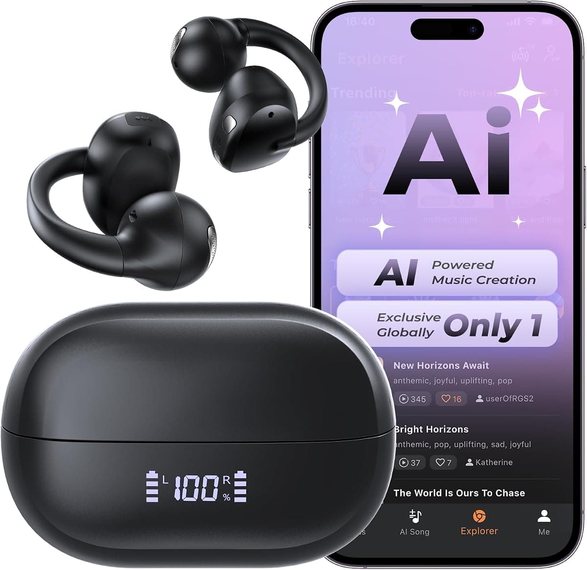 Haowolf Open Ear Bluetooth 5.4 Bone Conduction Headphones, 4 Mics Clear Calls Wireless Clip On Earbuds, 5.7g Ultra-Light, AI Music Generator, 30H Hi-Fi Stereo Playtime for Running, Black