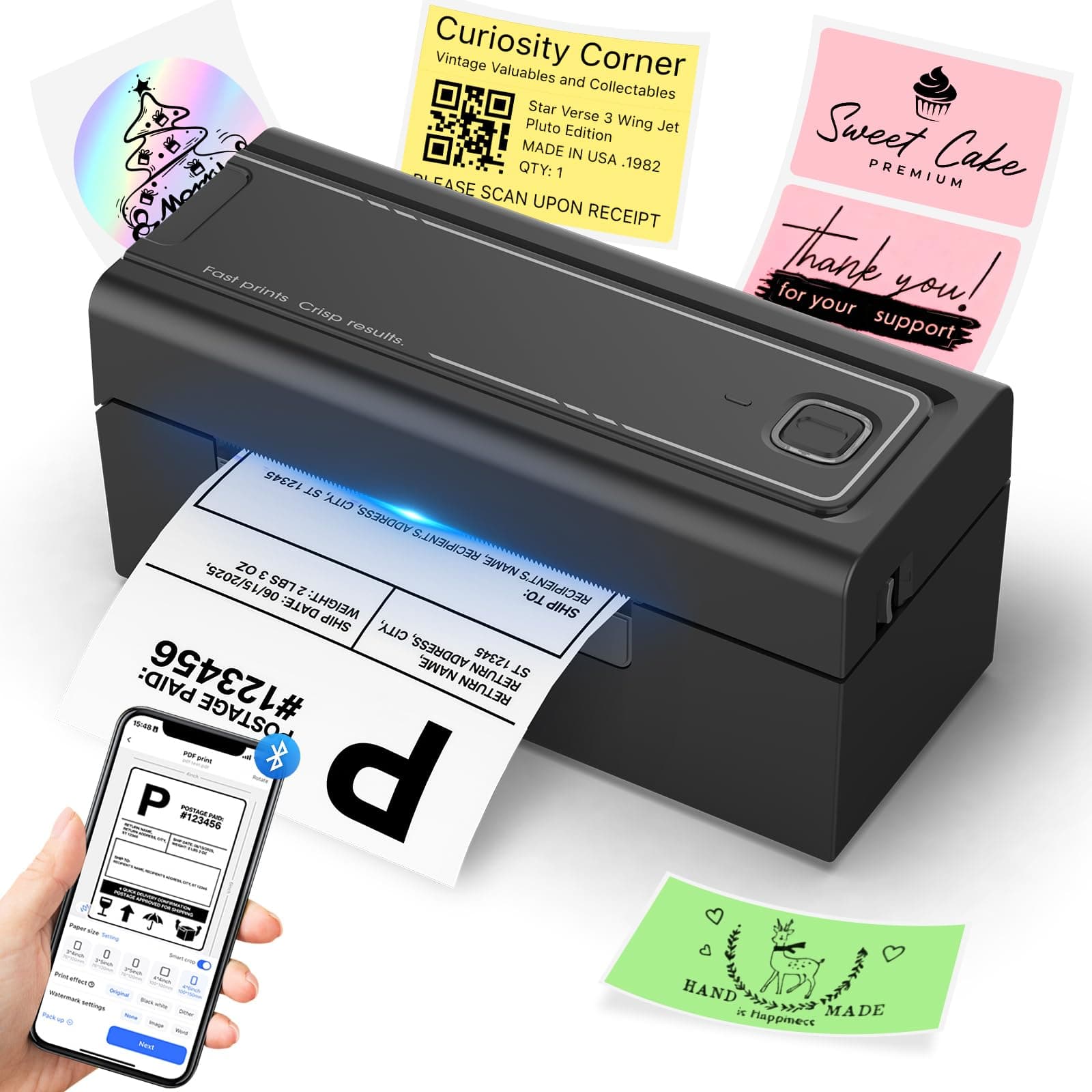 Bluetooth Thermal Label Printer, Wireless 4x6 Shipping Label Printer for Small Business & Shipping Packages, Support iPhone, Android, Windows, macOS, Work for Amazon, Shopify, Etsy, USPS