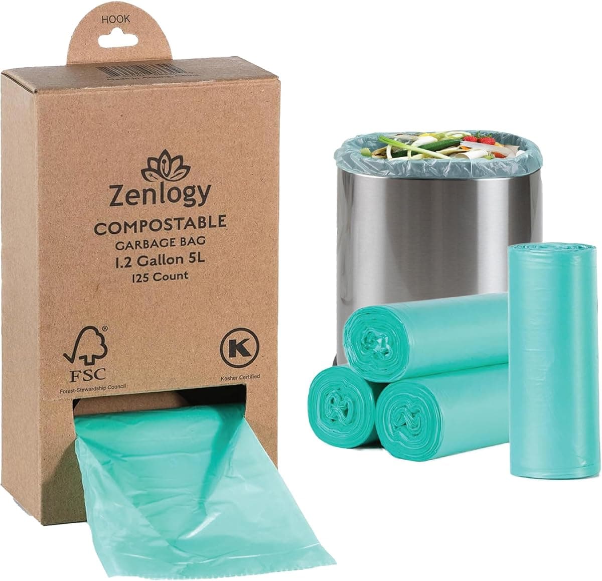 Compostable Recycling Trash Bag, 1.2 Gallon, 125 Count | Eco Friendly, Biodegradable, Recyclable, Bathroom Garbage Bag, Bin Liner, by Zenlogy