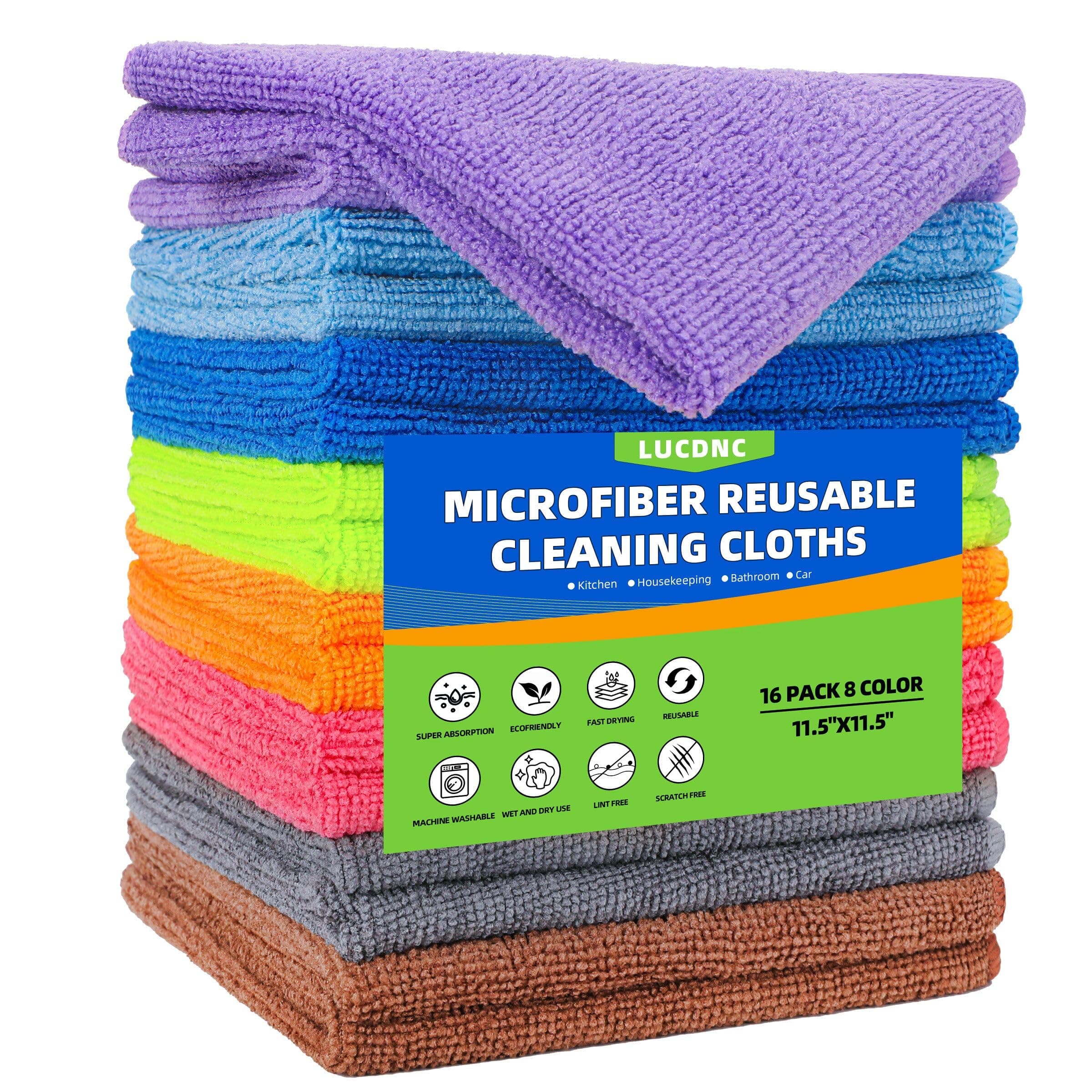 lucdnc Microfiber Cleaning Cloths 16 Pack 8 Color Cleaning Rags for Housekeeping Home Kitchen Bathroom Car,11.5"X11.5" Soft Lint Free Wet and Dry Use Dusting Cleaning Supplies Towels